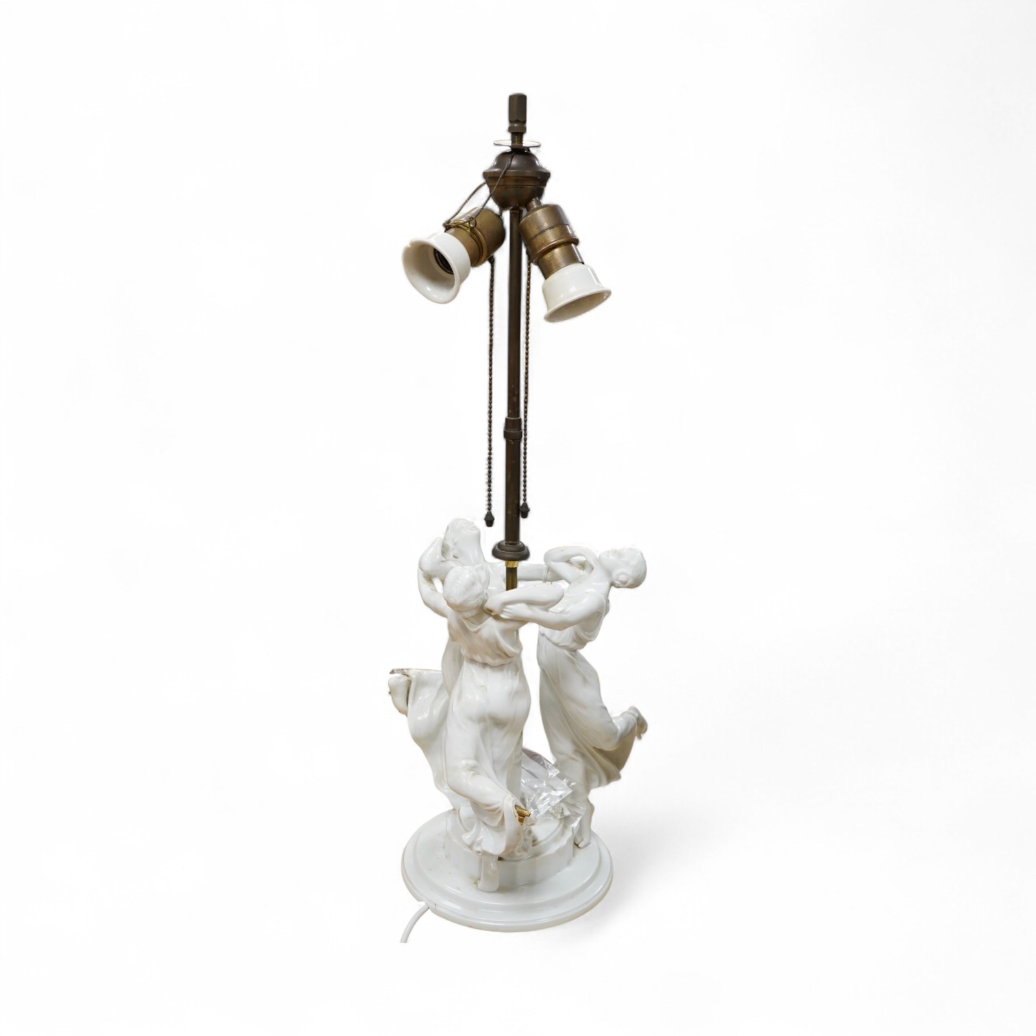 A Rosenthal porcelain 'Three Graces' table lamp, 70cm high overall, old repairs and losses